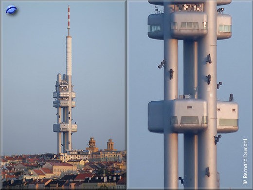 Prague : Žižkov television tower and the giant babies of David Cerný