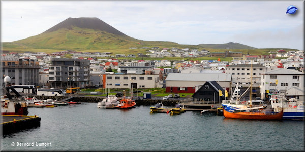 (Vestmannaeyjar) Heimaey harbour and Eldfell volcano
