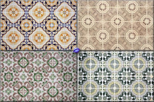 Various tiles on house facades